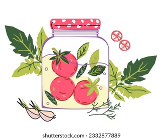 Jar with pickled tomatoes and spices used for marinade, salted or marinated in vinegar tomatoes can, hand drawn vector illustration isolated on white background. Pickled tomatoes, preserved food.