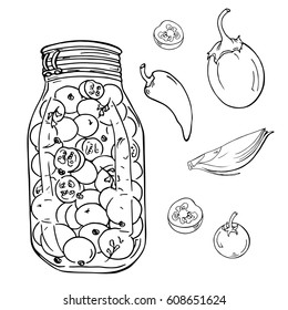 Jar of pickled vegetables on white background. Tomatoes, spices and herbs sketch. Hand drawn vector illustration.