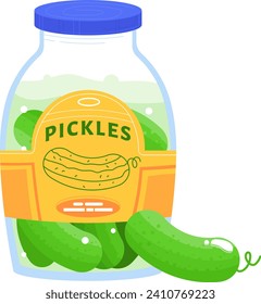 Jar of pickles with a blue lid and label. Cartoon cucumbers in a transparent container. Pickled cucumbers vector illustration.