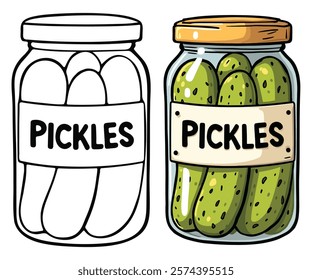 A Jar of Pickles Line Art Vector Illustration Black and White with Coloring Sample. Bold and Easy Food, Fruits, Sweets, Drinks, Dessert, and Snacks Coloring Pages for Adults and Kids