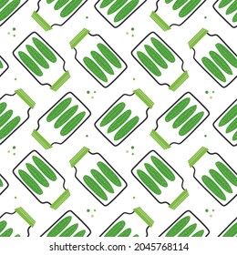 Jar de pepinillos, pepinos verdes encurtidos y puntos vectores de fondo de patrón sin fisuras.