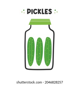 Jar of pickles, pickled green cucumbers vector doodle style illustration.