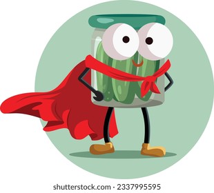 
Jar of Pickles Wearing Superhero Cape Vector Mascot Cartoon Illustration. Strong flavored marinated cucumbers funny character
