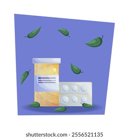 A jar of pills, a blister with pills and falling leaves on a blue background. Vector cartoon illustration of medicine and medical preparations