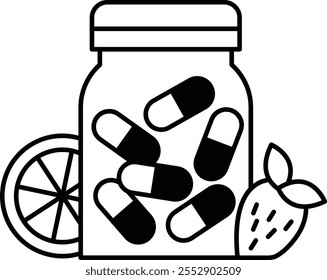 A jar with pills and fruit in it