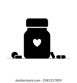 Jar and pills icon. Medicine. Black silhouette. Front side view. Vector simple flat graphic illustration. Isolated object on white background. Isolate.