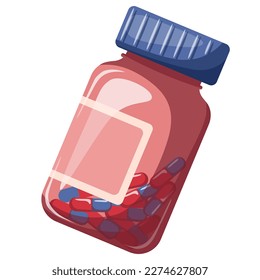 Jar of pills. Medicine, pharmacy and healthcare concept. Isolated vector illustration for flyer, poster, banner.