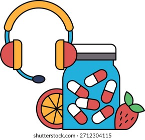 Ein Glas Pillen ist neben einem Headset und einer Orange. Konzept der Einnahme von Medikamenten beim Hören von Musik oder einem Podcast