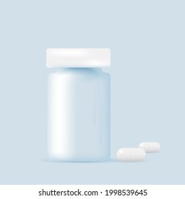 A jar of pills on light blue background and two white medicine capsules. Pharmaceutical drugs container. Blank plastic package.