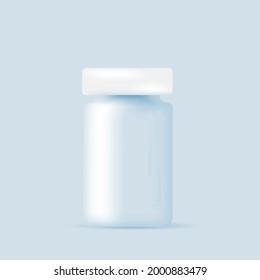 A jar of pills on light blue background. Pharmaceutical drugs container.