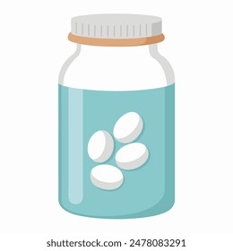 Jar of pills on white background, with keywords on containers and chemicals