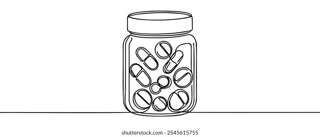 Tarro de píldoras de un dibujo de línea continua. Ilustración vectorial de tabletas, vitaminas y píldoras en un frasco de plástico. Medicinas, medicina y belleza. Pastillas que salen de un frasco dibujado por una línea interminable.