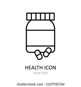 Jar with pills. Vector drawing. Linear icon. 