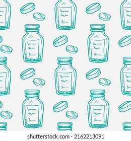 Jar of pills vector seamless pattern on white background