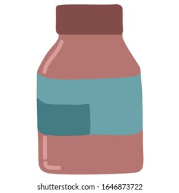 Jar for pills, vitamin, medicines, antibiotics, aspirin, pain medication. Pharmaceutical and narcotic drug. Cough syrup. Color flat vector illustration isolated on white background.