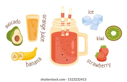 Jar with pink fruit cocktail. Vector illustration.