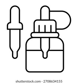 Tarro con el icono de la línea fina de la pipeta, concepto del vapeo. Gráficos de Vector. Signo de relleno líquido sobre fondo blanco, icono de estilo de contorno para móvil o Diseño web