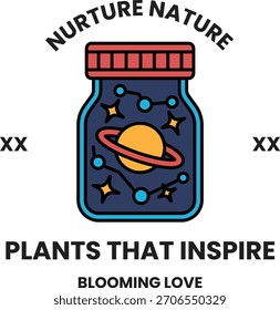 A jar with a planet inside of it and the words "Plants that Inspire" written on it