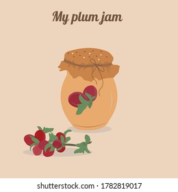 A jar of plum jam. Decorated with a decorative element with a bow. Vector illustration on a light background. For advertising and infographics. Use for presentation, banner, poster, wrapper.