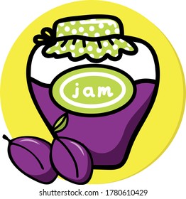 Jar of plum jam, plum jam. Template, blank, vector illustration in a flat cartoon style