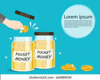 Jar pocket money,hand hold gold coin dollar save vector