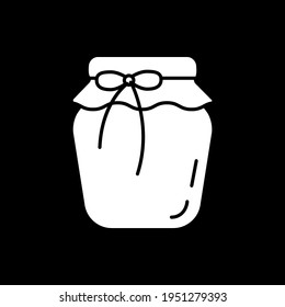 Jar of preserved jam dark mode glyph icon. Canned syrup. Glass of marmalade. Conserved sauce. Honey in container. White silhouette symbol on black space. Vector isolated illustration