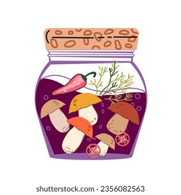 Jar of preserved salted or pickled mushrooms, flat cartoon vector illustration isolated on white background. Edible forest mushrooms canned and pickled. Homemade vegetable autumn preserves.