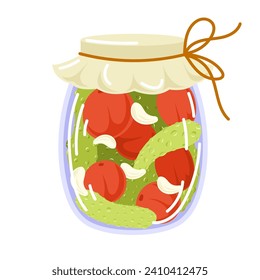 Jar preserved tomatoes and cucumbers in flat style. Can of pickled vegetables. Grocery conserve container. Vector illustration isolated on a white background.