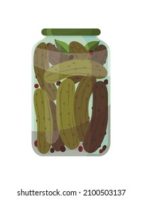 Jar preserved vegetables. Can of pickled cucumbers or pickles. Cartoon canned food in glass. Grocery conserve container