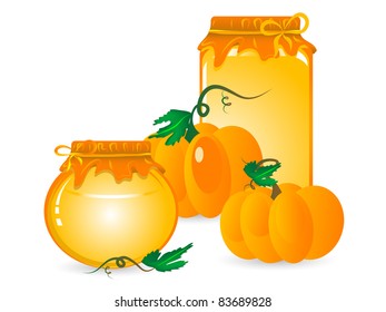 Jar of pumpkin marmalade and orange pumpkins