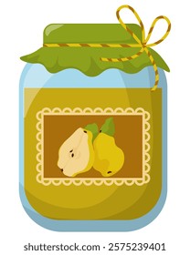 Jar with quince jam or confiture, homemade marmalade or preparations in a cozy vessel vector illustration