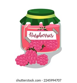 A jar of raspberry jam is a cute vector illustration. Vintage glass container with jelly and berry label. Cute vector illustration for printing on textiles and paper