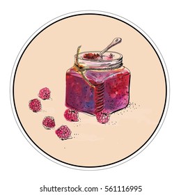 jar with raspberry jam. Folk medicine, cold medicine, grandma's recipes, conservation. Cottage, garden.