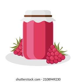 A jar of raspberry jam. Glass jar with jam and raspberries. Vector illustration isolated on a white background for design and web.