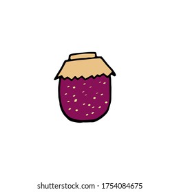 Jar of raspberry jam with a lid of craft paper. Magenta berry blend container on white background. Vector illustration