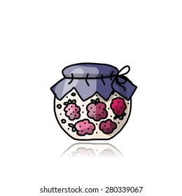 Jar with raspberry jam, sketch for your design. Vector illustration