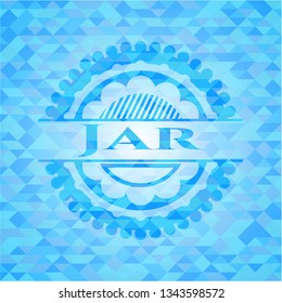 Jar realistic light blue emblem. Mosaic background