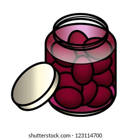 A jar of red beet pickled eggs.