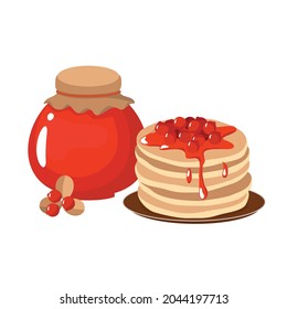 A jar of red berry jam, a stack of pancakes. Vector clipart, white background.
