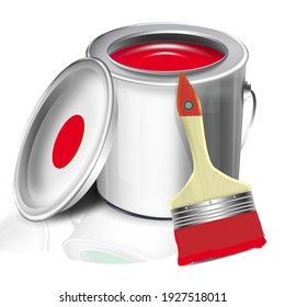 Jar with a red brush and a lid. Illustration with reflection and shadow. Template for the design of showcases, banners.