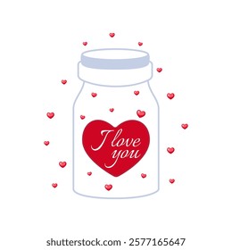 A jar with red hearts and the text I love you. Vector illustration in linear and flat style.
