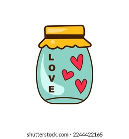 Jar with red hearts and word LOVE on white background