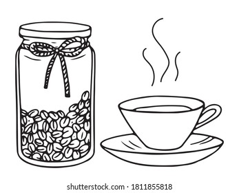 Jar with a rope bow, with coffee beans.  Nearby is a cup with a fragrant hot drink.  The illustration is drawn in a modern doodle style.  Vector.