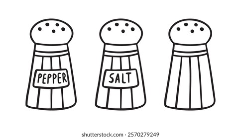  jar for salt or pepper. salt shaker and pepper shaker doodle hand drawn icon. Outline drawing jar for salt or pepper line clipart symbol. Vector illustration