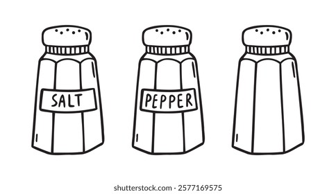  jar for salt or pepper. salt shaker and pepper shaker doodle hand drawn icon. Outline drawing jar for salt or pepper line clipart symbol. Vector illustration