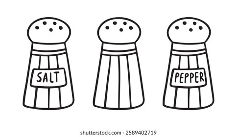  jar for salt or pepper. salt shaker and pepper shaker doodle hand drawn icon. Outline drawing jar for salt or pepper line clipart symbol. Vector illustration