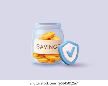 Glas mit Sparschild und Schild als Symbol für sichere Investition und sichere Ersparnisse. 3D-Web-Vektorgrafiken.