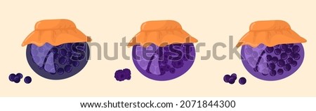 Jar set with jam: blackberry, currant, blueberry