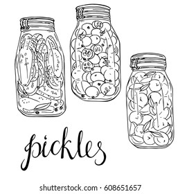 Jar set of pickled vegetables and stewed fruit on white background. Hand lettering.  Hand drawn vector illustration.