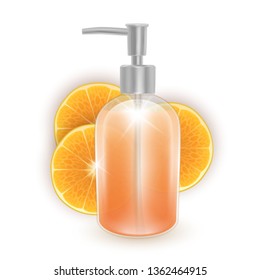 A jar of shampoo or liquid soap with the scent of oranges, realistic shampoo bottle and slices of oranges on white background, cosmetic product healthcare banner. Vector EPS 10